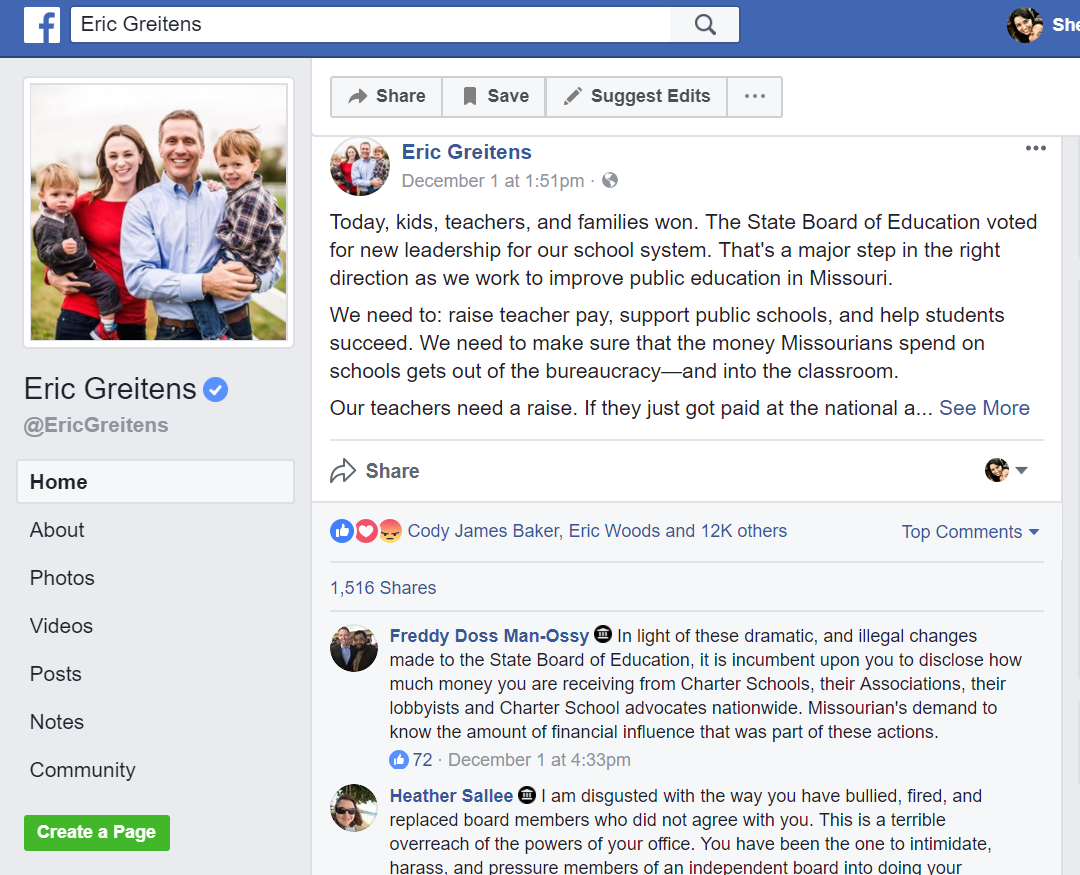 Screenshot of Greitens' Facebook page from a blocked account
